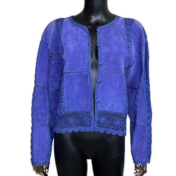Vintage SMH Boutique Purple Suede & Crochet Leather Jacket Size Large - Picture 2 of 10